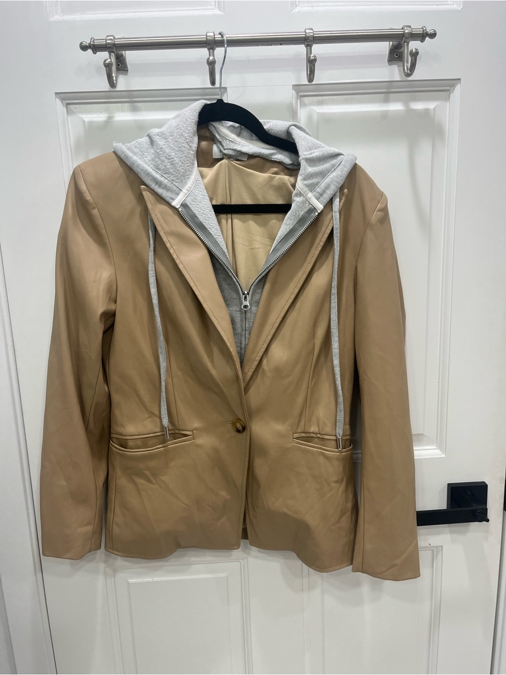 Evereve Tan Faux-Leather Blazer with Light Gray Hoodie Insert